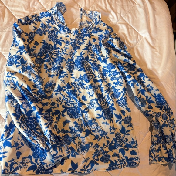 SHEIN Blue and White Long Sleeve Mandarin Collar Blouse - Picture 2 of 4